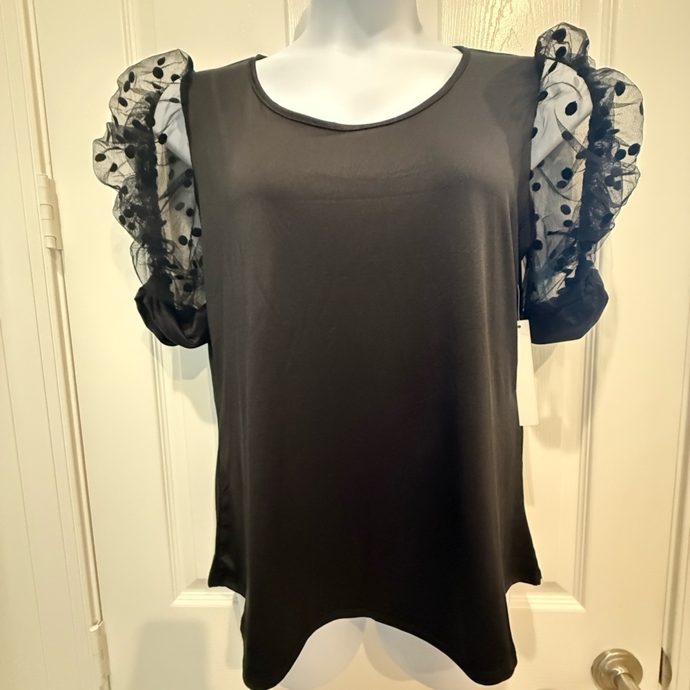 Above and Beyond Black Top with Sheer Polka Dot Puff Sleeves. NWT, Size XL